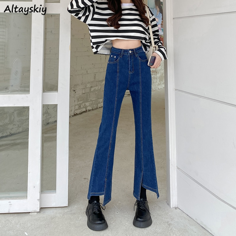 Jeans Woman Casual Streetwear Pockets Button Spring Asymmetrical Flare High Waist All-match Ulzzang Harajuku Fashion